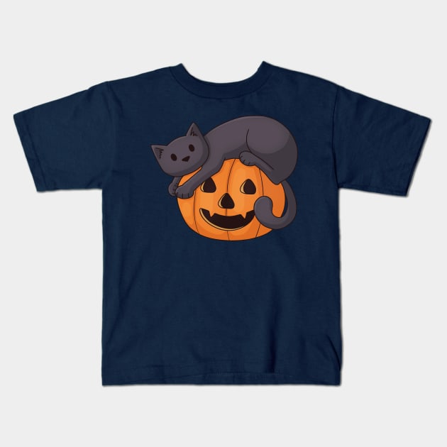 Cat on a Pumpkin Kids T-Shirt by Doodlecats 